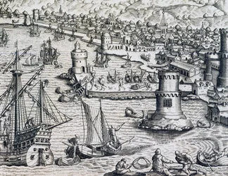 ジロラモ・ベンゾーニのラ・パルマ港到着、フランクフルトのテオドール・デ・ブライ（1528-1598）の『Historia Americae』からの版画