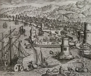 ジロラモ・ベンゾーニのアメリカ大陸旅行中のラス・パルマス港への到着（1541年）、カナリア諸島、テオドール・デ・ブライ（1528-1598年）の彫刻作品