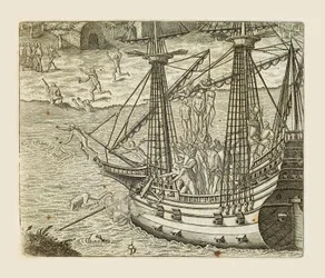 バルトロメオ・ディアスがインディアンをカラベルに吊るしている様子。テオドール・デ・ブライ（1528-1598）による「Americae pars quarta, sive, Insignis et admiranda historia de reperta primum Occidentali India Christophoro Columbo」の版画。