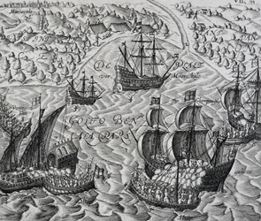 ベンガル湾のマティカルの前での戦い、テオドール・デ・ブライ（1528-1598）の『インディア・オリエンタリス』の版画