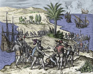 クリストファー・コロンブスとその兄弟は1500年にフランシスコ・デ・ボバディリャによって逮捕された。テオドール・ド・ブリ（1528-1598年）による版画。