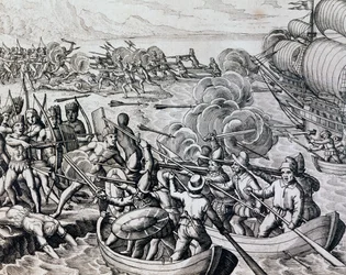 インディアンとスペイン軍の衝突、フランクフルトのテオドール・デ・ブライ（1528-1598）の『Historia Americae』からの彫刻。