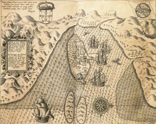 Johannes Hugonis LinschootenとTheodore de Bryによる『東インド諸島』からのモザンビーク沿岸の彫刻。