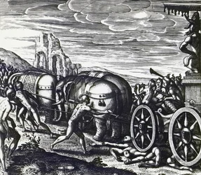 偶像の行列で戦車に押しつぶされる信者たち（テオドール・デ・ブライ（1528-1598）作、エングレーヴィング