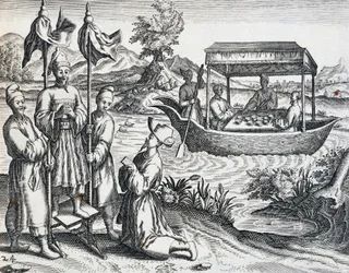 ヤン・ホイヘン・ヴァン・リンショーテン（1563-1611）が1583年から1592年の間に行った旅の中の高官たちの通り、テオドール・デ・ブライ（1528-1598）の『インド・オリエンタリス』からの版画、中国