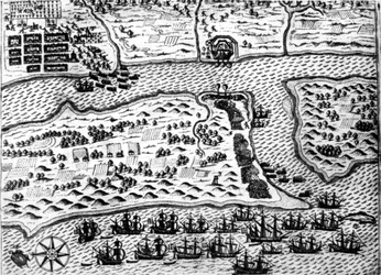 ドレークが船「サン・アウグスティン号」を捕獲する様子（1586年、デ・ブライ作