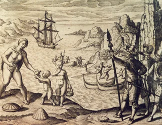 ギアナ海岸に上陸するオランダ人船長セバルド・デ・ウィールト（Theodor de Bry（1528-1598）著『Historia americae』より）、フランクフルト