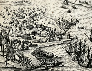 モザンビーク沿岸のオランダ遠征、テオドール・デ・ブライ（1528-1598）の「India orientalis」からの版画