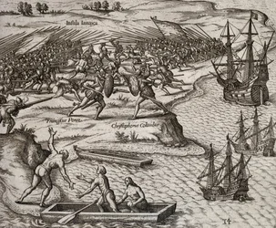 ジャマイカでのクリストファー・コロンブスとフランチェスコ・ポレシオの戦い、テオドール・デ・ブライ（1528-1598）の版画
