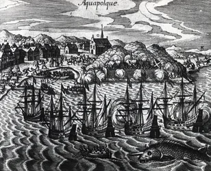 アカプルコ港のガレオン船団、テオドール・デ・ブライ(1528-1598)作、エングレーヴィング