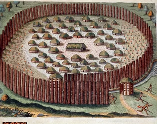 アメリカ史：「フロリダにあるインディアンの村の砦の表現」セオドア・デ・ブライ（1528-1598）の「Admirante Narratio Americae」からのエングレーヴィング。