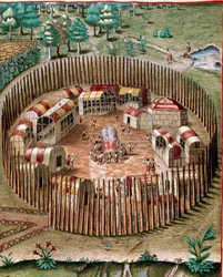 アメリカ史：「1585年のバージニア州の要塞都市ポメイオックの表現」セオドア・デ・ブライ（1528-1598）の「Admirante Narratio Americae」からのエングレーヴィング。