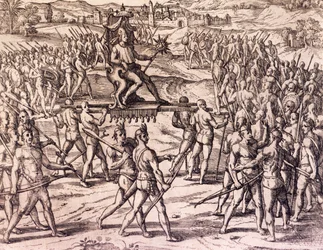 フランシスコ・ピサロ（1475-1541年頃）のスペイン軍に敗れたインカ皇帝アタワルパ、ペルー - テオドール・ド・ブリ（1528-1598）著『アメリカ史』より、フランクフルト