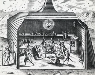 ウィリアム・バレンツ（1550年頃～1597年）のノヴァヤ・ゼムリア諸島の冬の家の内部（テオドール・デ・ブライ（1528年～1598年）作）、彫刻作品