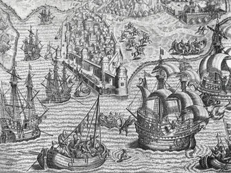海戦、フランクフルトのテオドール・デ・ブライ（1528-1598）の『アメリカ史』からのエングレービング