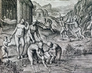 テオドール・デ・ブライ（1528-1598）の『ヒストリア・アメリカ』に掲載されている原住民が病気にかかったときに使用した治療法の版画（フランクフルト）。