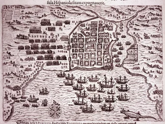 サント・ドミンゴ島を占拠したフランシス・ドレーク艦隊 (Engraving)