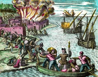 フランス人がカイオランの町を略奪して焼き払った様子 Theodore de Bry (1528-1598) による「アメリカ史」の版画 16世紀 個人蔵