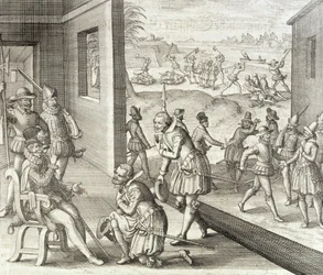 スペインキャプチャキャロライン砦、1565年、ヨハンルートヴィヒゴットフリート著「ニューウェルトとアメリカーニッシュヒストリエン」から、マタイウスメリアン発行、1631年