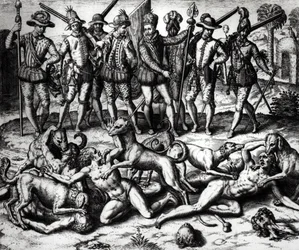 インディアンを攻撃するバスコ・ヌネス・デ・バルボア（1475-1571）の犬