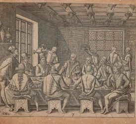 テオドール・デ・ブライ（1528-1598）による「コロンブスの卵」（ジローラモ・ベンゾーニ著『Americae pars quarta, sive, Insignis et admiranda historia de reperta primum Occidentali India Christophoro Columbo』より）。