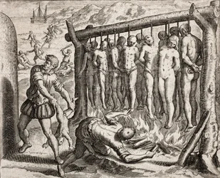 スペイン人入植者がインディアンに加えた犯罪を描く、絞首され焼かれた13人の犠牲者。バルトロメ・デ・ラス・カサス著「Narratio regionum indicarum per Hispanos quosdam devastatarum verissima」より