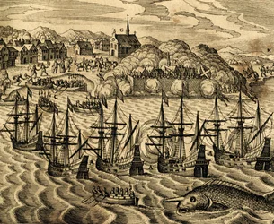 テオドール・デ・ブライ（1528-1598）の『Historia Americae』からメキシコのアカプルコ港の眺めを描いたもので、フランクフルトにある。