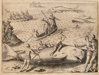 スピッツベルゲン付近での捕鯨、テオドール・デ・ブライ（1528-1598）の版画、『India Orientalis（東インド）』より