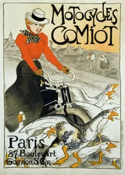 Comiot motorcyclesの広告ポスター。原付に乗った若い女性がガチョウの群れの中を転がっています。Theophile Alexandre Steinlen（1859-1923）のポスター。1899.パリ、装飾美術。