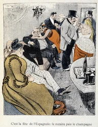 Filles et Marlous：スペイン人の祝日：公証人がシャンパンを払う-スタインレン作「Dans la vie」1901年（No.27695と同じ絵柄