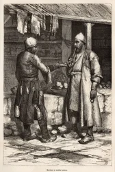 アルメニアの村のペルシャ人の商人とラバ職人、1869年にテオフィル・デイロルがラツィスタンとアルメニアの旅を描いた筆者の絵の後のエングレーヴィング、「Le tour du monde」1875年、Edouard Charton編、Hacheに掲載