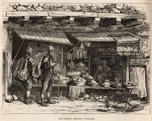 エルゼローム（アルメニア）の食料品店。1869年にテオフィル・デイロルがラツィスタンとアルメニアの旅を描いたものを、筆者が描いたものをもとに彫刻したもので、Edouard Charton編集の『Le tour du monde』1875年版に掲載されています。