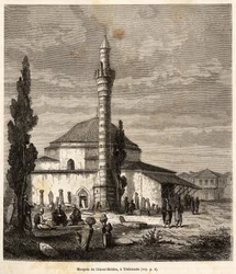 1869年のラツィスタンとアルメニアへの旅を描いた、語り手による絵の後に彫られた、かつてビザンチン様式の教会であったトレビゾンデ（現在のトルコの黒海沿岸にあるトラブゾン）のジアウル・メイダン（Giaour Meidan）のモスク。