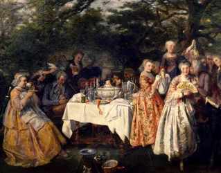 1750年頃、テオフィル・シューラー（1821-1878）によるストラスブール郊外の宿屋の庭での田舎でのピクニック