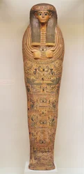 儀式の場面で飾られた名前のない人のエジプトの棺、紀元前1050年頃（木）