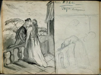 恋人たち ロミオとジュリエット ウィリアム・シェイクスピア（1564-1616）の同名作品のイラストで、バルコニーでキスをする恋人たちを表現しています。テオドール・シャセリウ（1819-1856）によるスケッチ。ルーヴル美術館