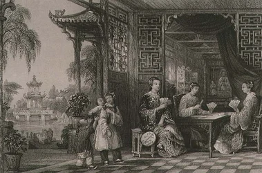 ジョージ・ニューナム・ライト（c.1790-1877）の「一連の風景の中の中国」より「カードをする北京人家族の女性たち」1843年（エングレーヴィング