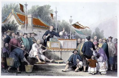 ジョージ・ニューナム・ライト（c.1790-1877）の「一連の景観における中国」から「リン＝シン＝チュウのラリー・ショー」1843年（彩色済み彫刻）。