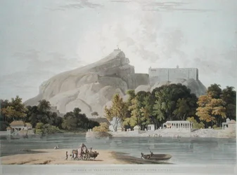 トリチノポリの岩、コーベリー川で撮影、「Oriental Scenery」のプレート45。Thomas and William (1769-1837) Daniellが彫刻した「Oriental Scenery: Twenty Four Views in Hindoostan」のプレート45。