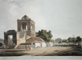 マドゥーラの砦の眺め、「Oriental Scenery（東洋の風景）」のプレート40。Thomas and William (1769-1837) Daniellが彫刻し、1797年に出版された「Oriental Scenery: Twenty Four Views in Hindoostan」のプレート40（カラーリトグラフ）。