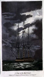 ジョン・ミットフォード（1782-1831）の「海軍におけるジョニー・ニューカムの冒険」から、W.リードが彫ったプレート「マストヘッドで眠っている」。