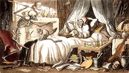 ルドルフ・アッカーマン（1764-1834）が出版した「イギリスの死の舞踏」から、1814年にアクアチントで描かれた「なめこ、ついに、死の矢を自分のキャビネットに入れようとする」。