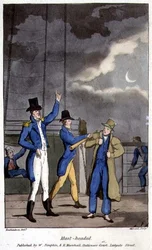 ジョン・ミットフォード（1782-1831）の「海軍におけるジョニー・ニューカムの冒険」から、W・リードが彫刻したプレート「マスト・ヘッド」。