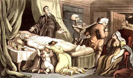 「美徳の目にとても祝福されたシーンはない/美徳の男が死ぬときのように」、「English Dance of Death」パブから。 ルドルフ・アッカーマン (1764-1834) 1814年 (アクアチント)