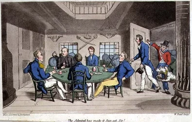 提督が夕日を作ってくれました！ ジョン・ミットフォード（1782-1831）の「海軍におけるジョニー・ニューカムの冒険」からの一枚で、W.リードが彫っています。
