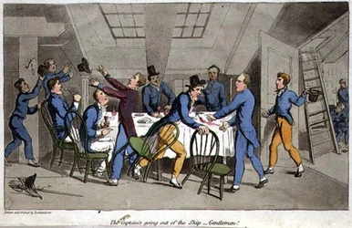 ジョン・ミットフォード（1782-1831）の「海軍におけるジョニー・ニューカムの冒険」から、W・リードが彫刻した「船長の船出」のプレート。