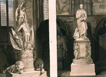 西口のモンタギュー大尉と詩人の角のアディソンへの記念碑、ジェームズ・ホップウッド（1752年頃～1819年）とJ.R.ハンブル（1775年頃～1825年）が彫った「ウェストミンスター寺院」のプレート63、ルドルフ・アッカーマン（1764年～1834年）が1812年に出版したアクアチント。