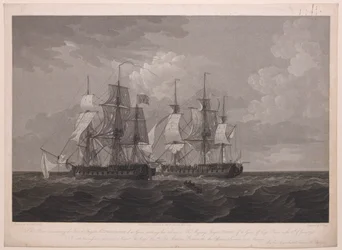 このプレートは1796年6月13日、クリア岬沖で、フランス軍フリゲート艦ラ・プロセルピン号（40砲）が陛下のフリゲート艦ドライアド号（36砲）に衝突する様子を表現したもので、ボークラーク少佐に捧げられた。アメリウス・ボークラック卿...