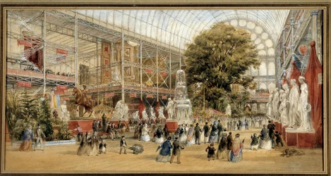 ビクトリア女王 (1819-1901) は、ロンドンのクリスタル パレスで開催された 1851 年の展示会を訪れます。 1851 年の万国博覧会。Thomas Abiel Prior (1809-1886) Ec による絵画。 アン。
