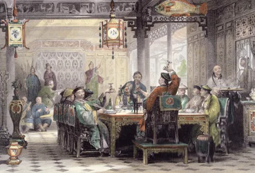 1843年にG.パターソンによって刻まれたジョージニューウェナムライト（c.1790-1877）による「中国の一連の景色」からのマンダリンハウスでのディナーパーティー